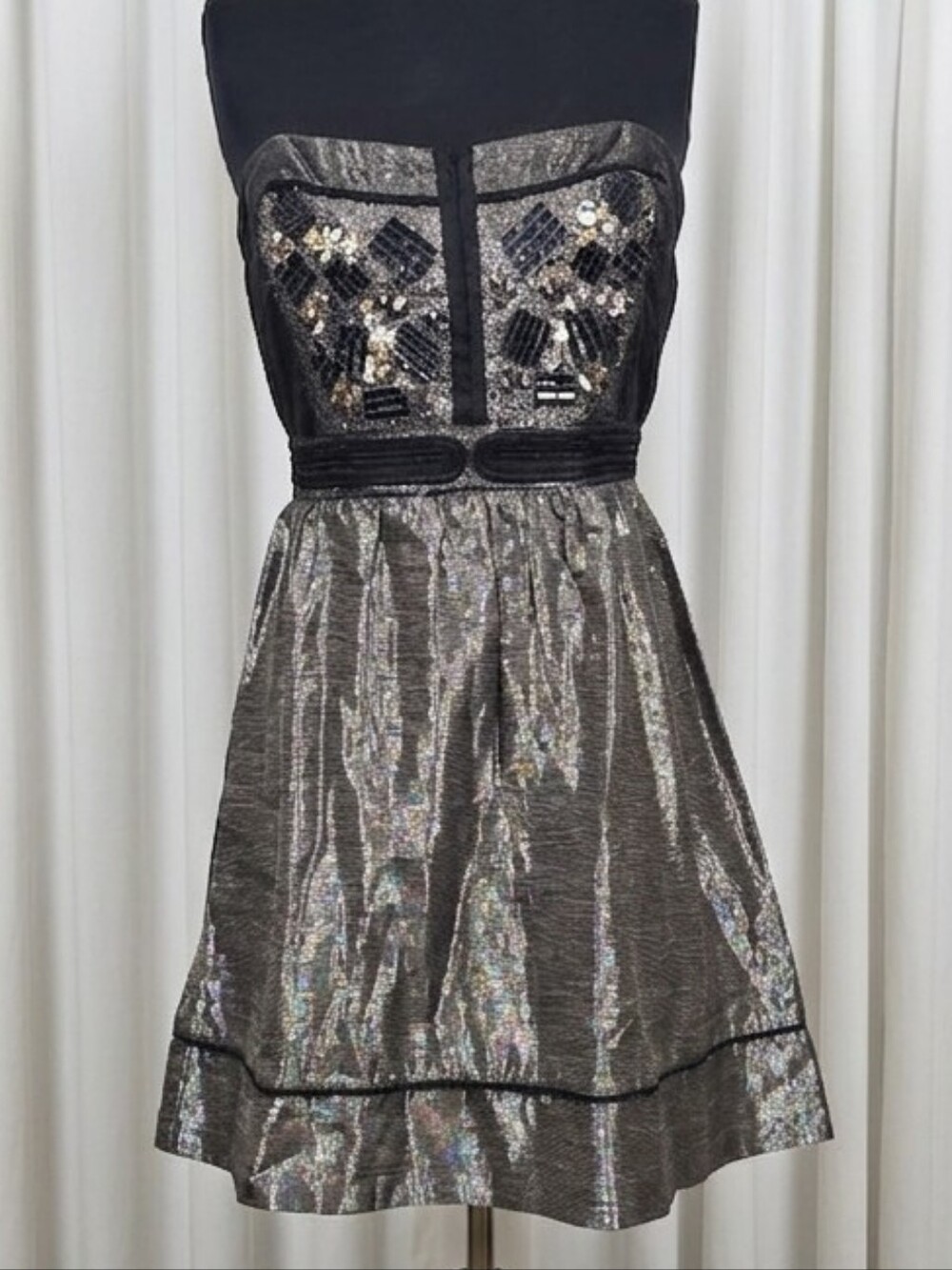 Staring at Stars Strapless Metallic Black and Silver Beaded Cocktail Dress